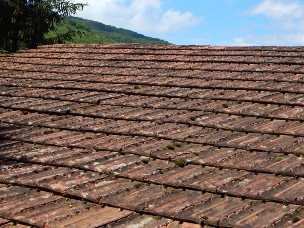 Maison avec couverture sombre illustrant une toiture en ardoise
